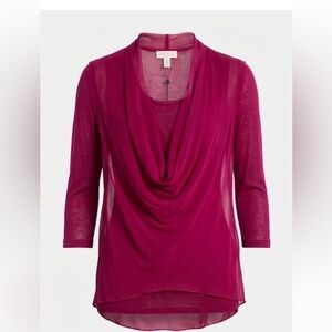 ESCADA Sport Cowl Neck Layered Sheer 3/4 Sleeve Burgundy Cowl Neck Top Blouse